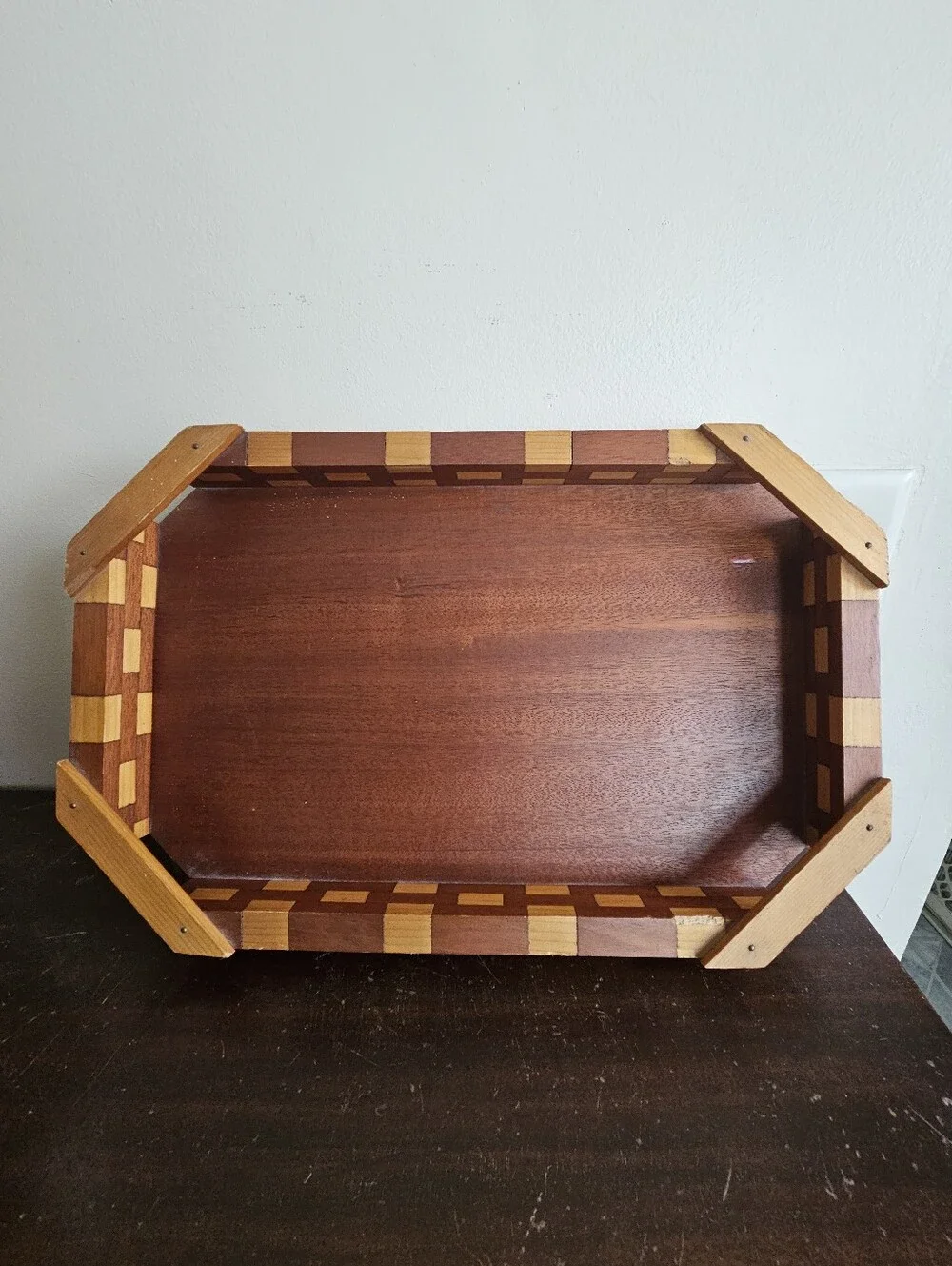 Vintage Handmade Mixed Wood Serving Tray Brick Pattern Parquet Rim MCM